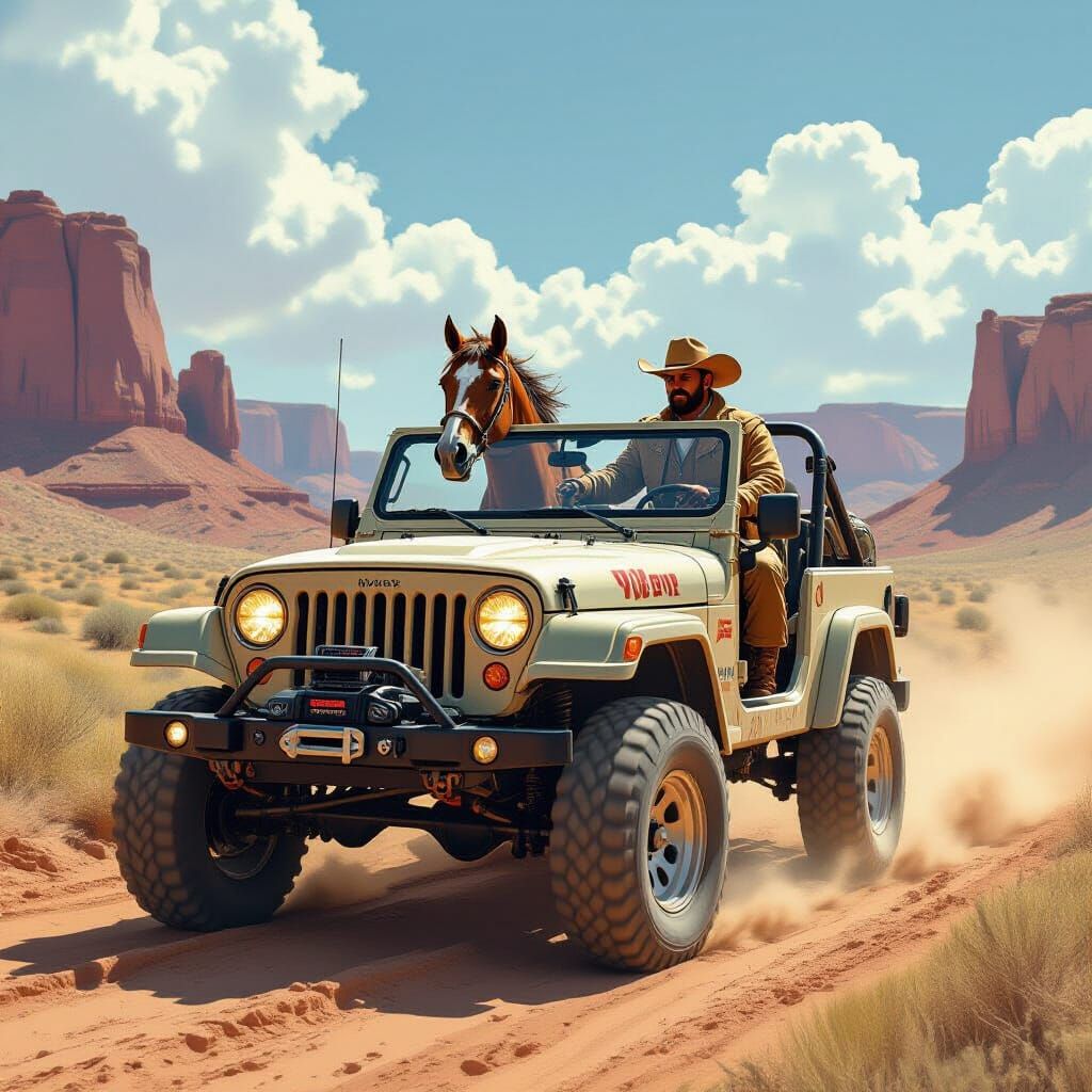 Cowboy and Horse Drive Jeep Through Desert