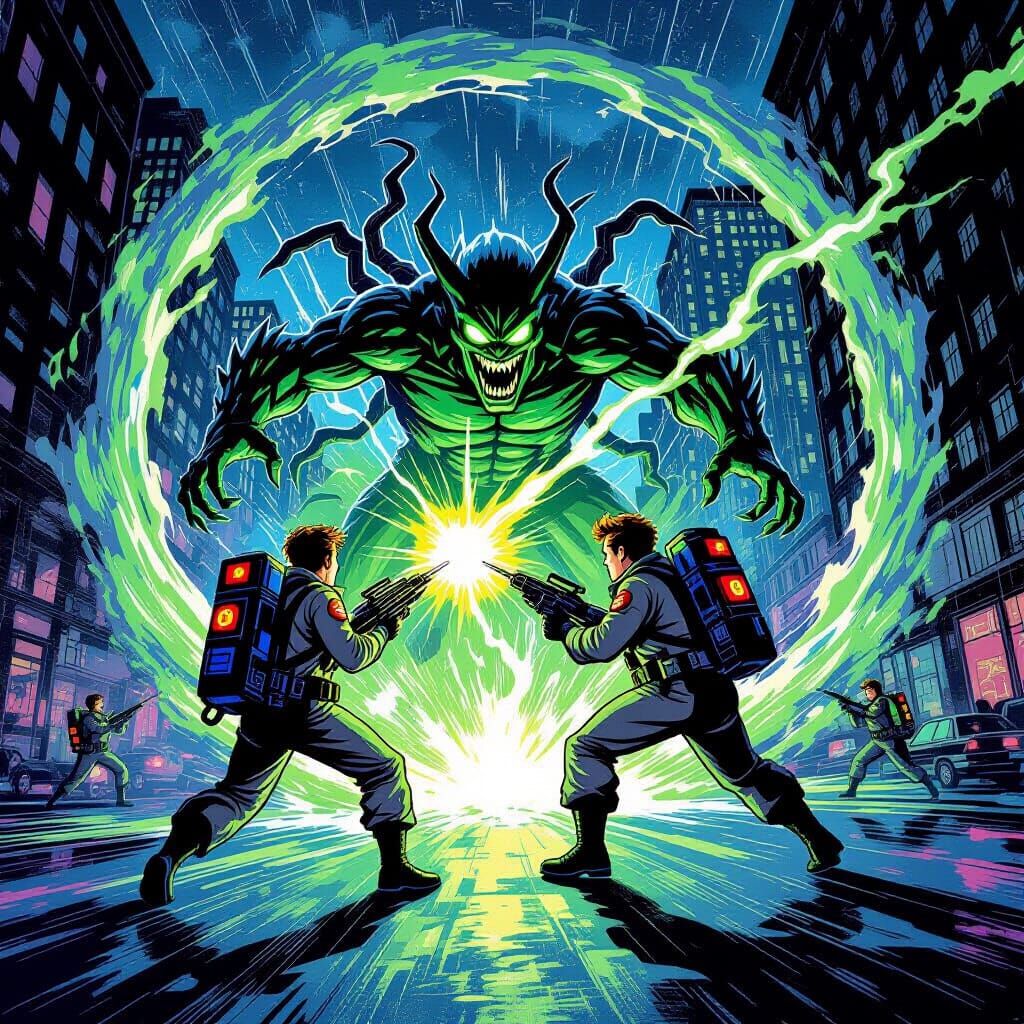 Ghostbusters Battle Multi-Limbed Demon in City Vortex