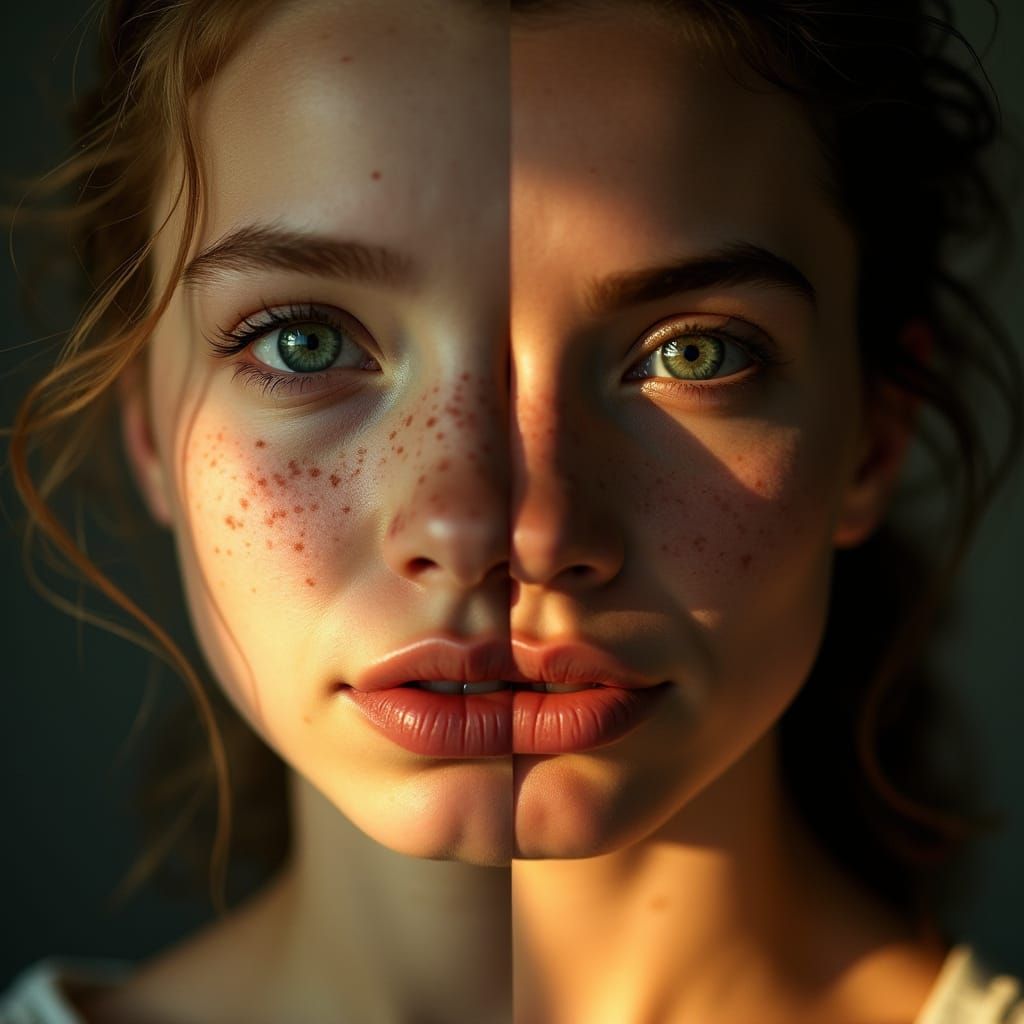 Split Portrait of a Woman's Transformation from Childhood to...
