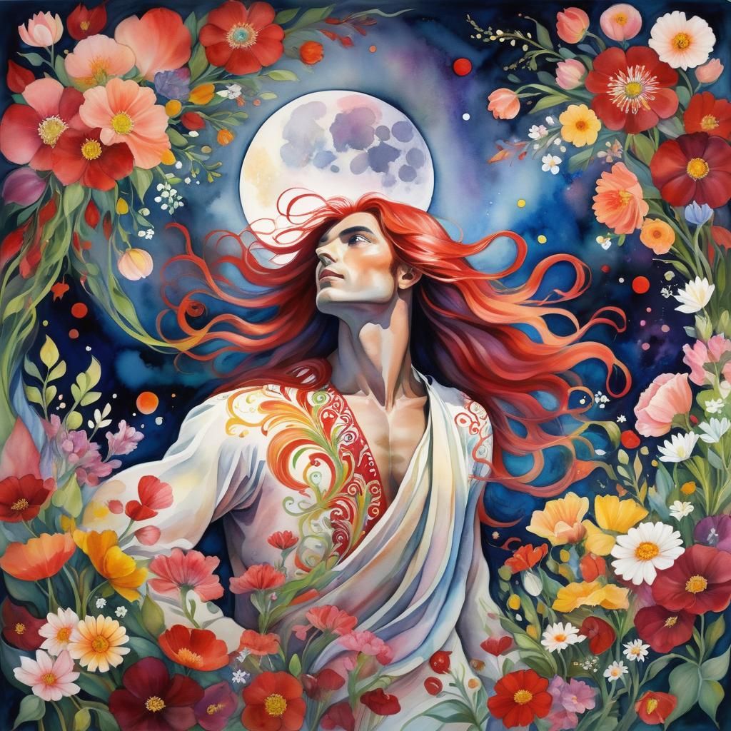 Pop Surrealist Man with Flowers Under Moonlight