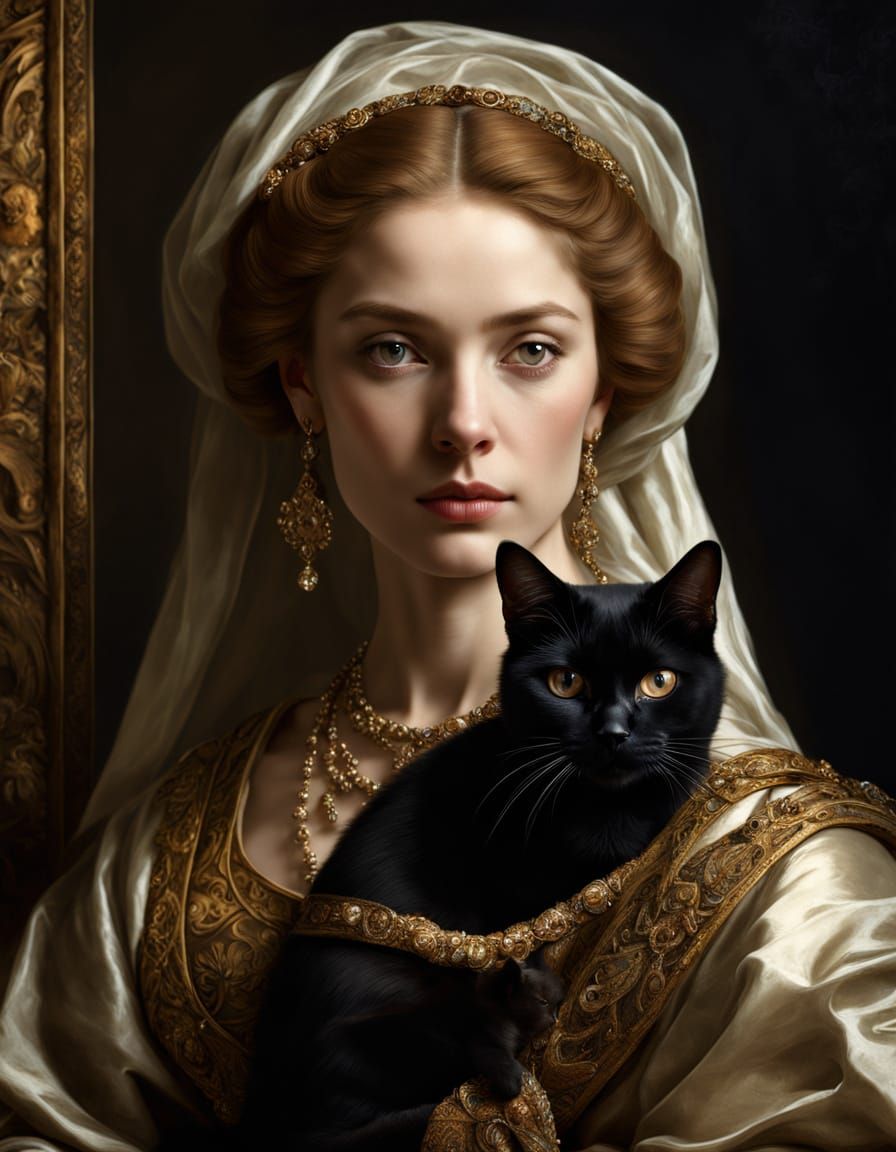 Elegant Woman Holds Regal Black Cat in Golden Light