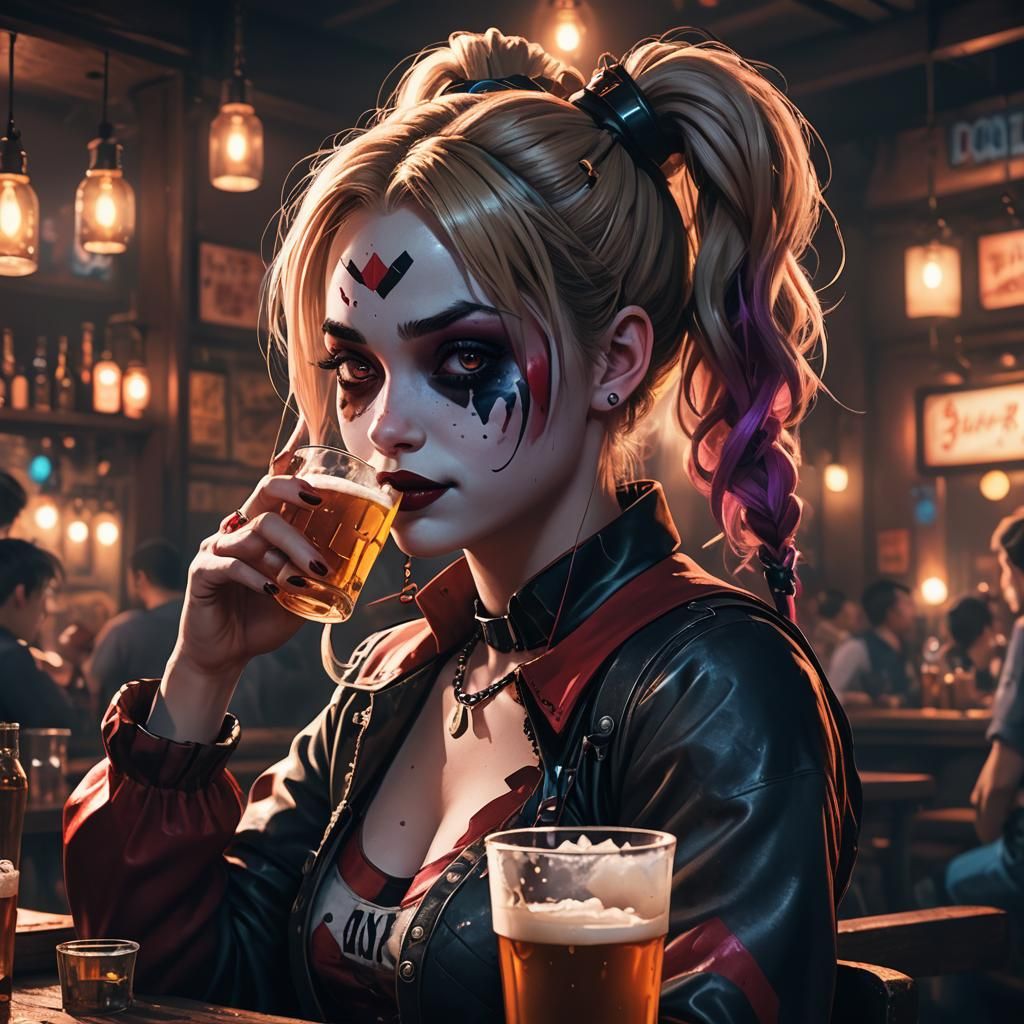 Harley Quinn in a Neon Lit Tavern, Anime Art