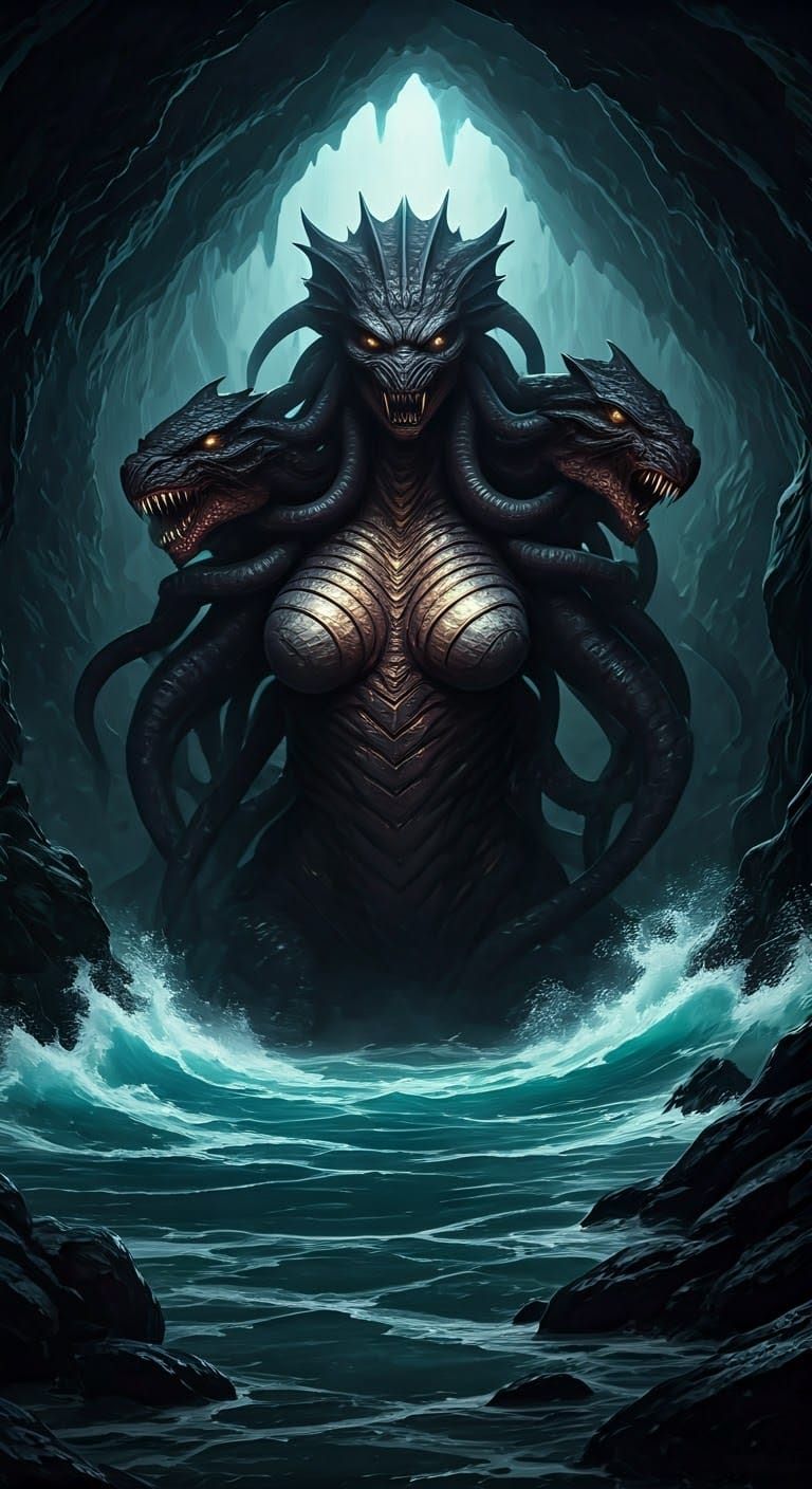 Scylla in Coastal Cave, Hyperdetailed Artstation Illustratio...