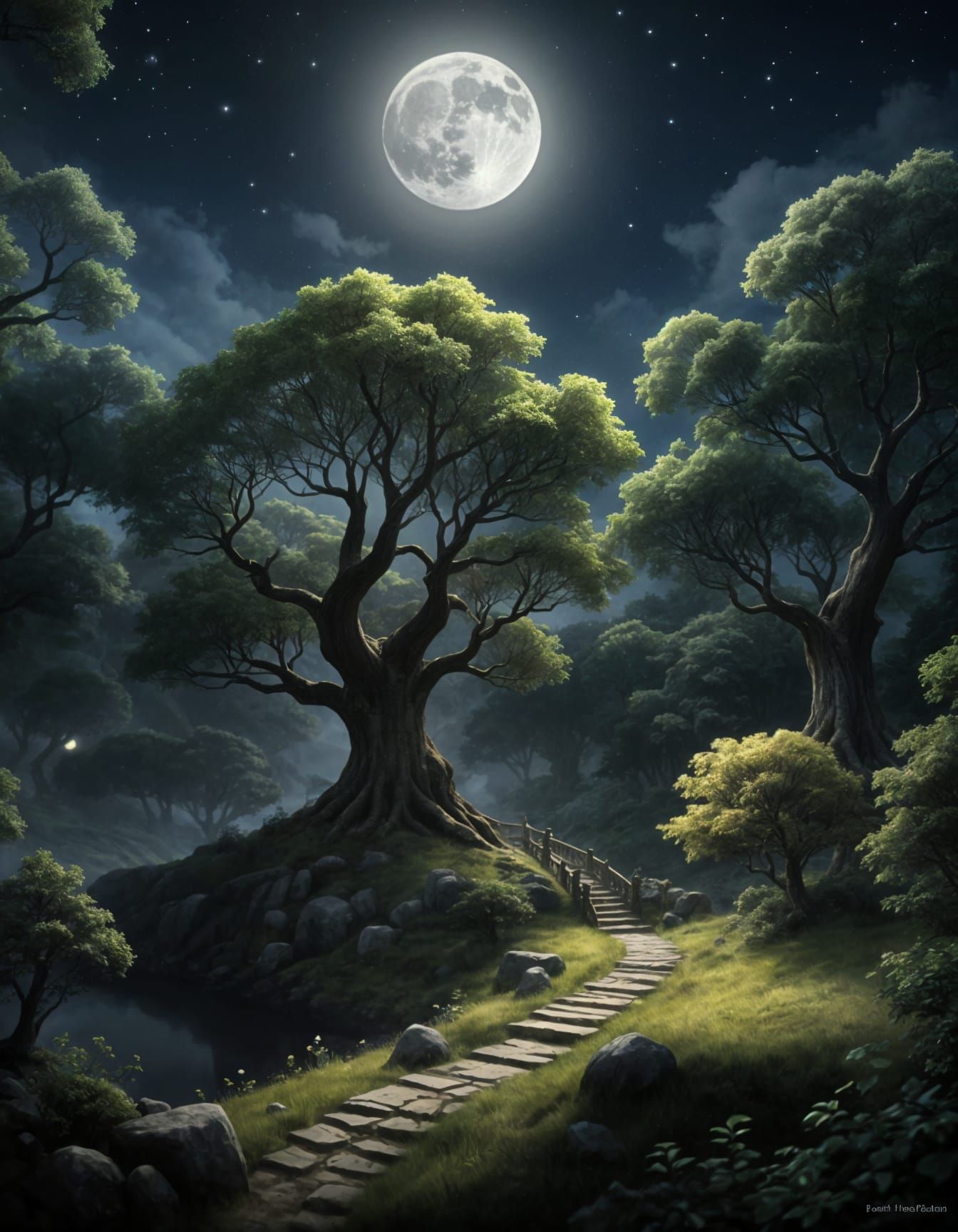Magical Moonlit Night Over Lothlorien Forest
