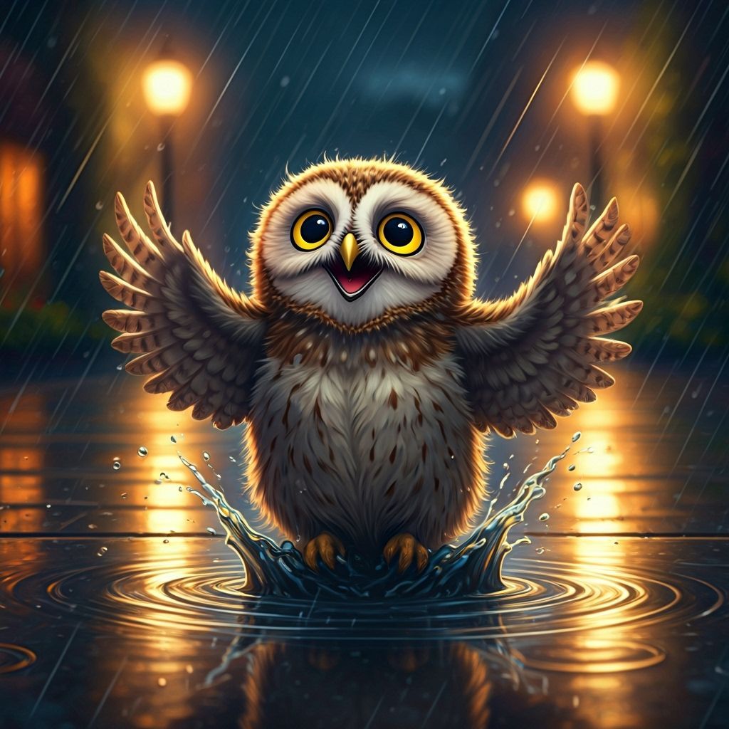 Joyful Baby Owl Splashing in Rain