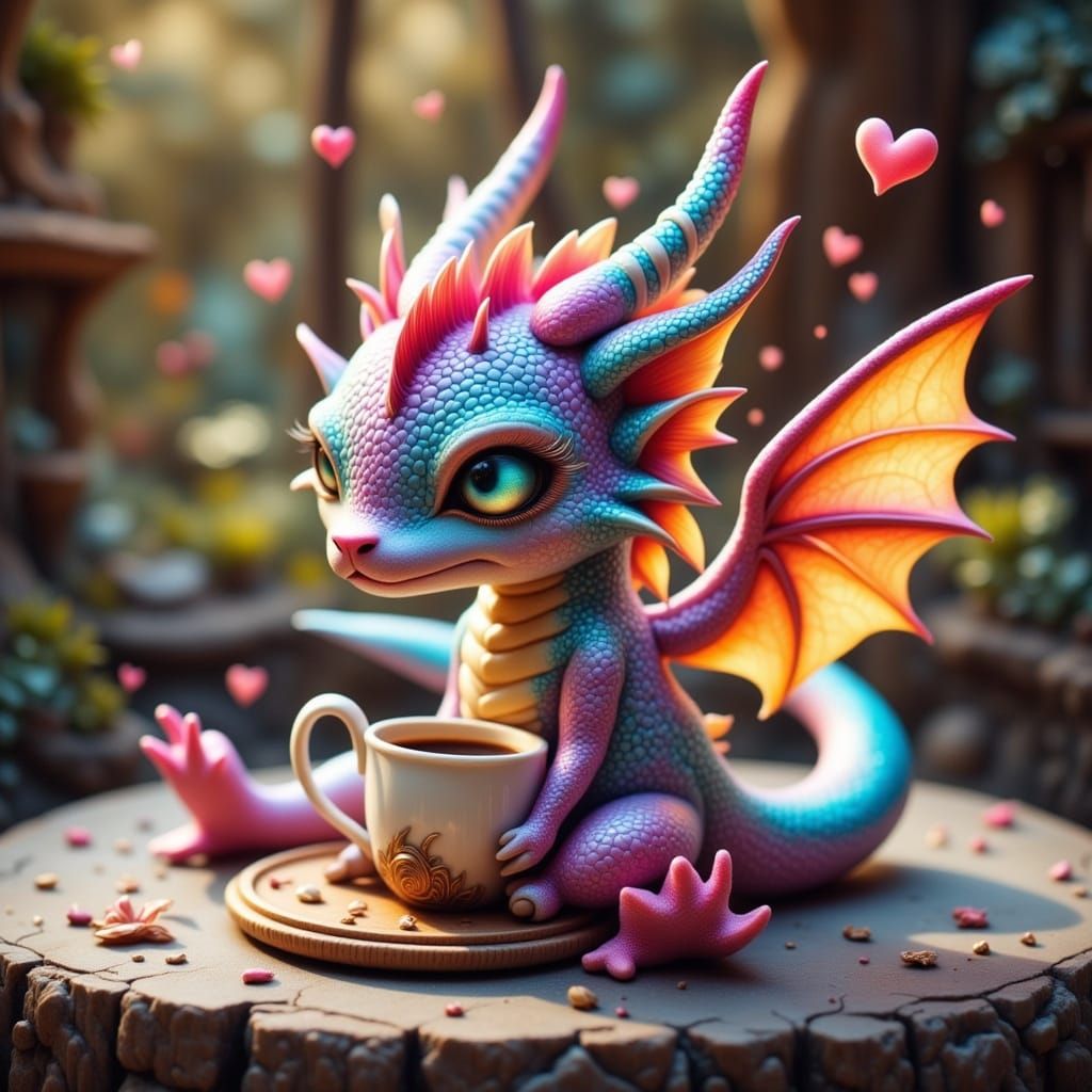 Cute Kawaii Dragon with Rainbow Scales and Coffee