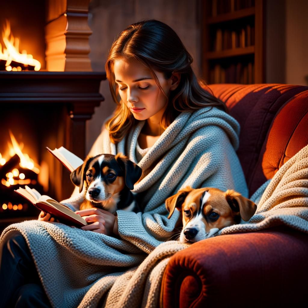 Cozy Realism: Woman Reading by Fireplace