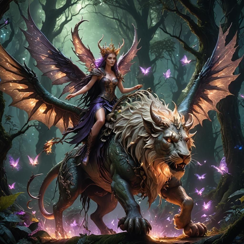 Unseelie Fae Queen on Chimera in Enchanted Forest