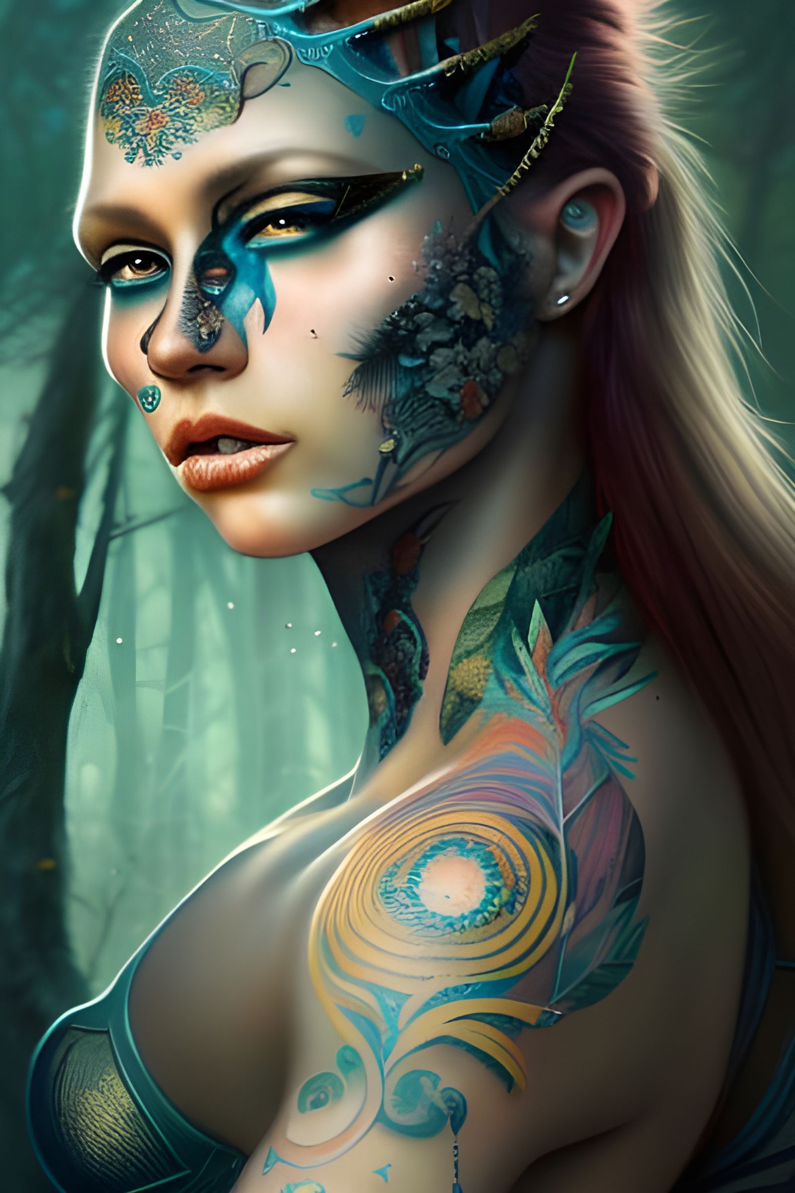 Tattooed Female Warrior in Magical Forest: Fantasy Art