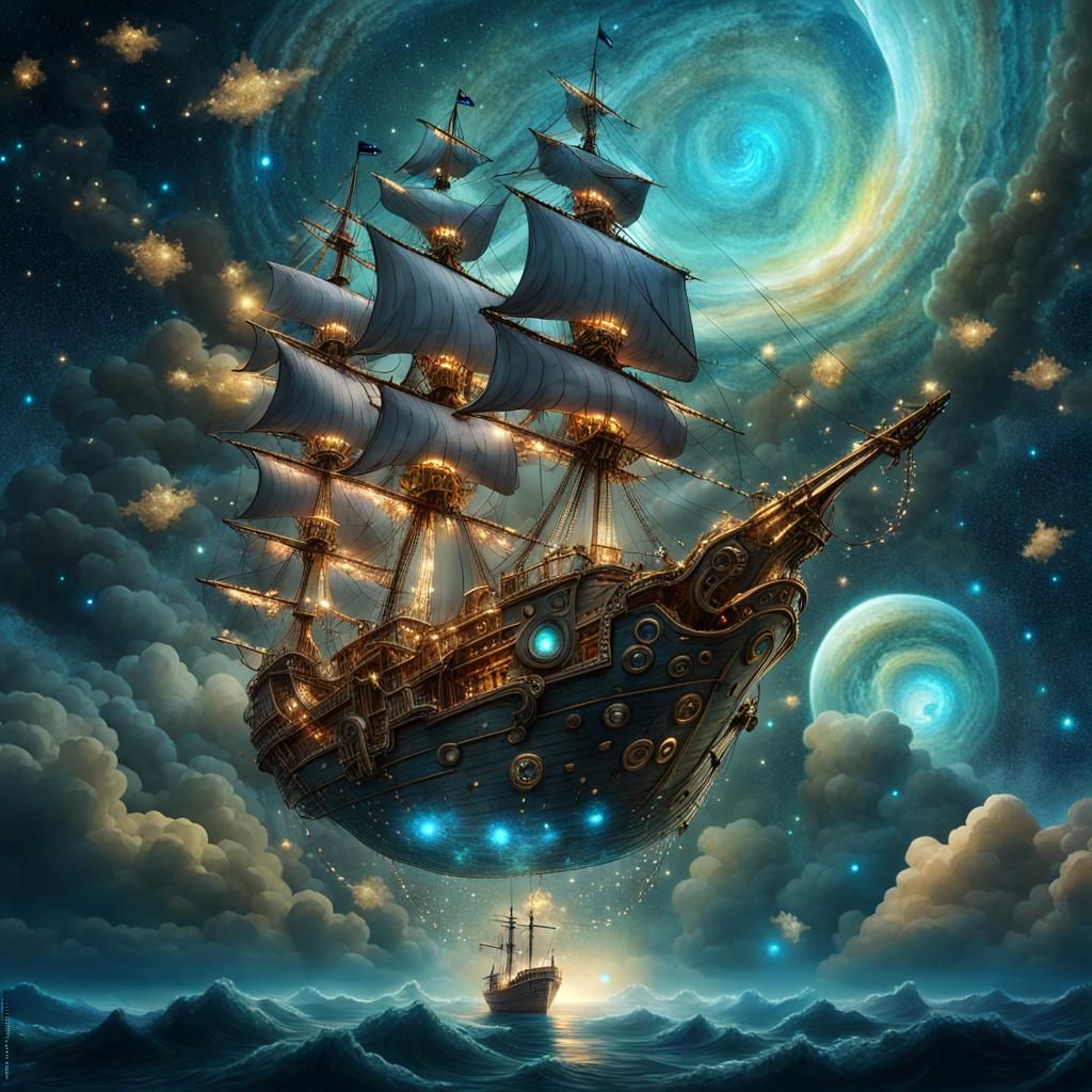 Fantasy Pirate Ship Descends from Starry Portal