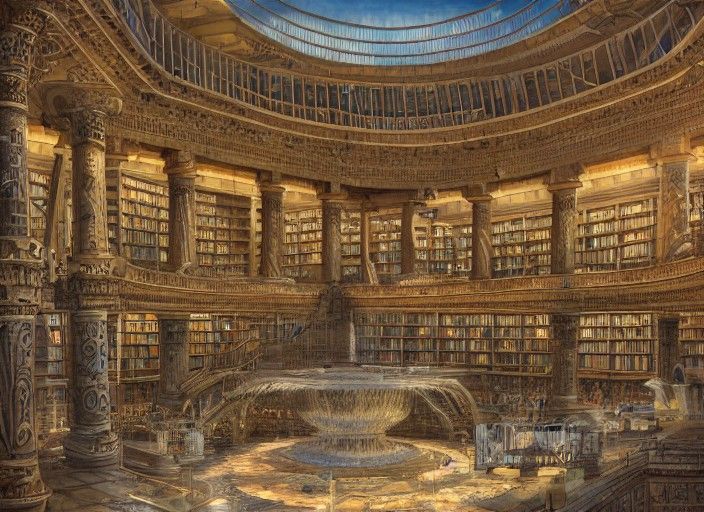 Ornate Library of Alexandria Interior in Cel-Shaded Style