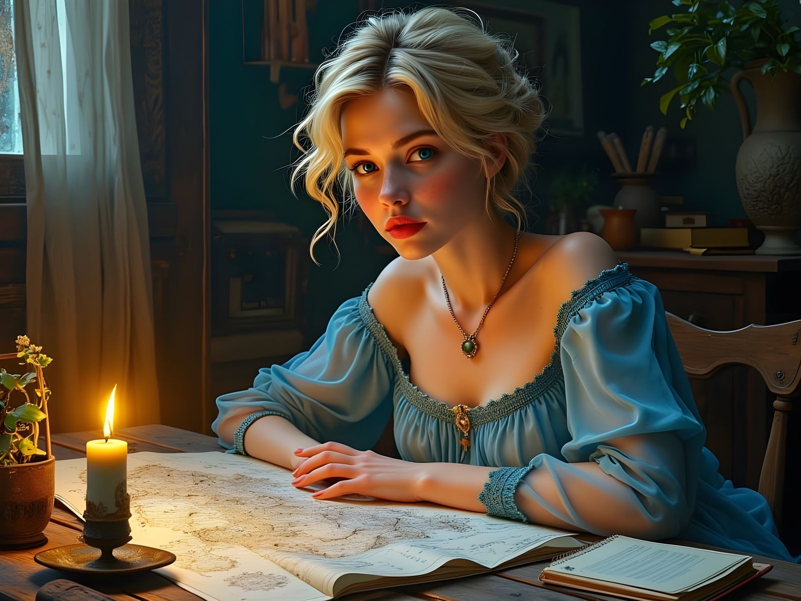 Norse Goddess Studying Map by Candlelight