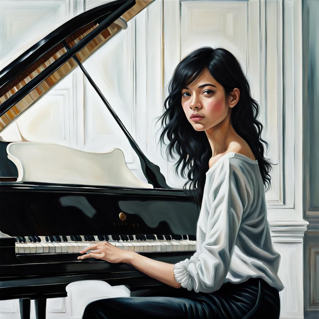 Woman at White Piano: Detailed Oil Painting