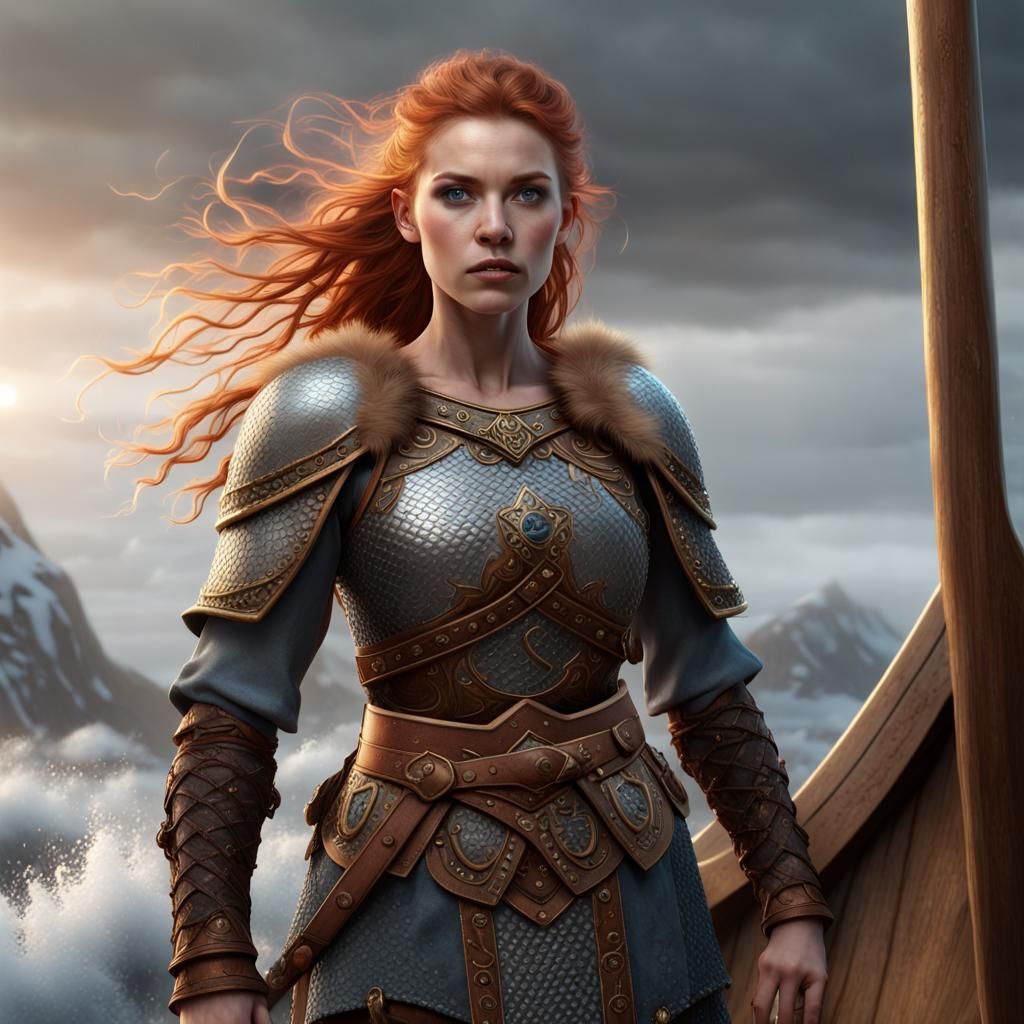 Viking Woman on Longboat, Detailed Matte Painting