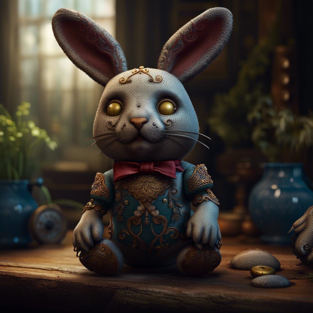 Antique Bunny Stuffed Animal in Detailed Matte Painting