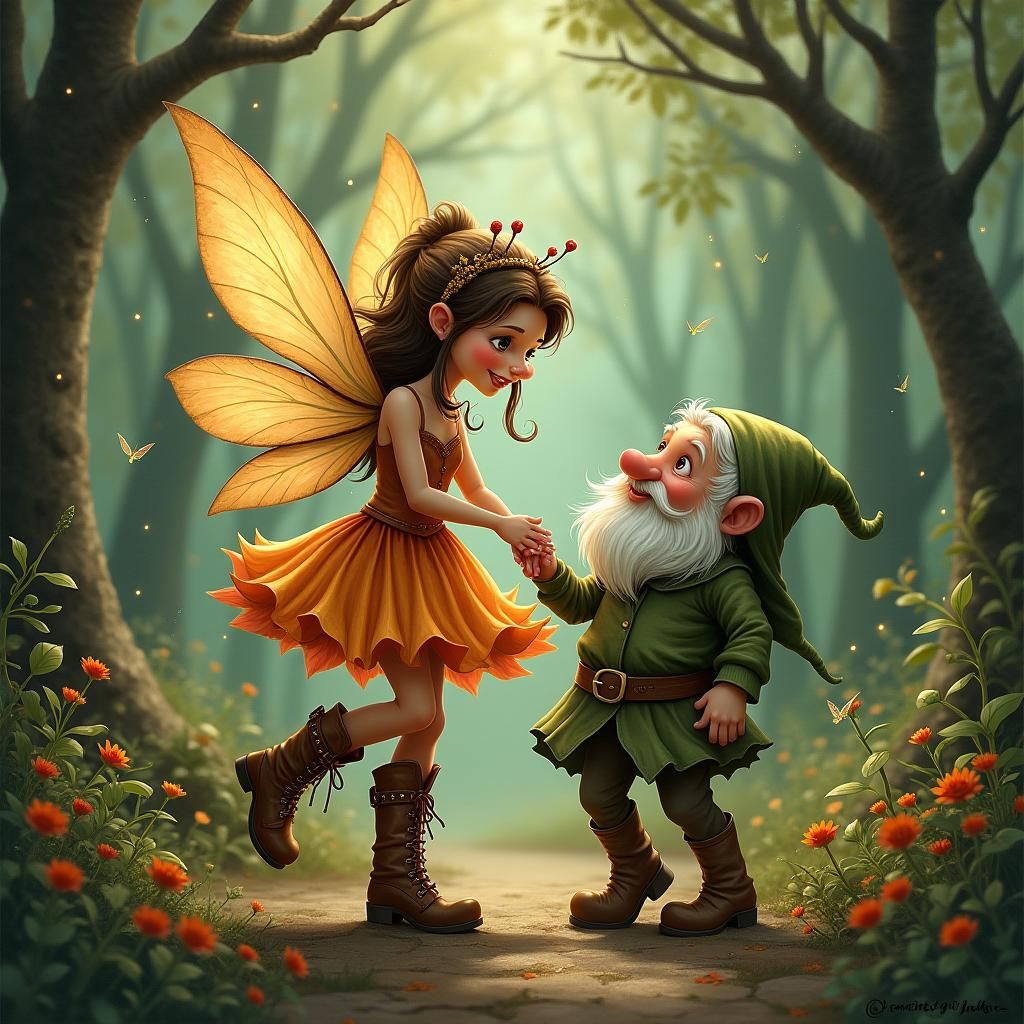 Whimsical Fairy Dances with Dwarf in Mystical Forest