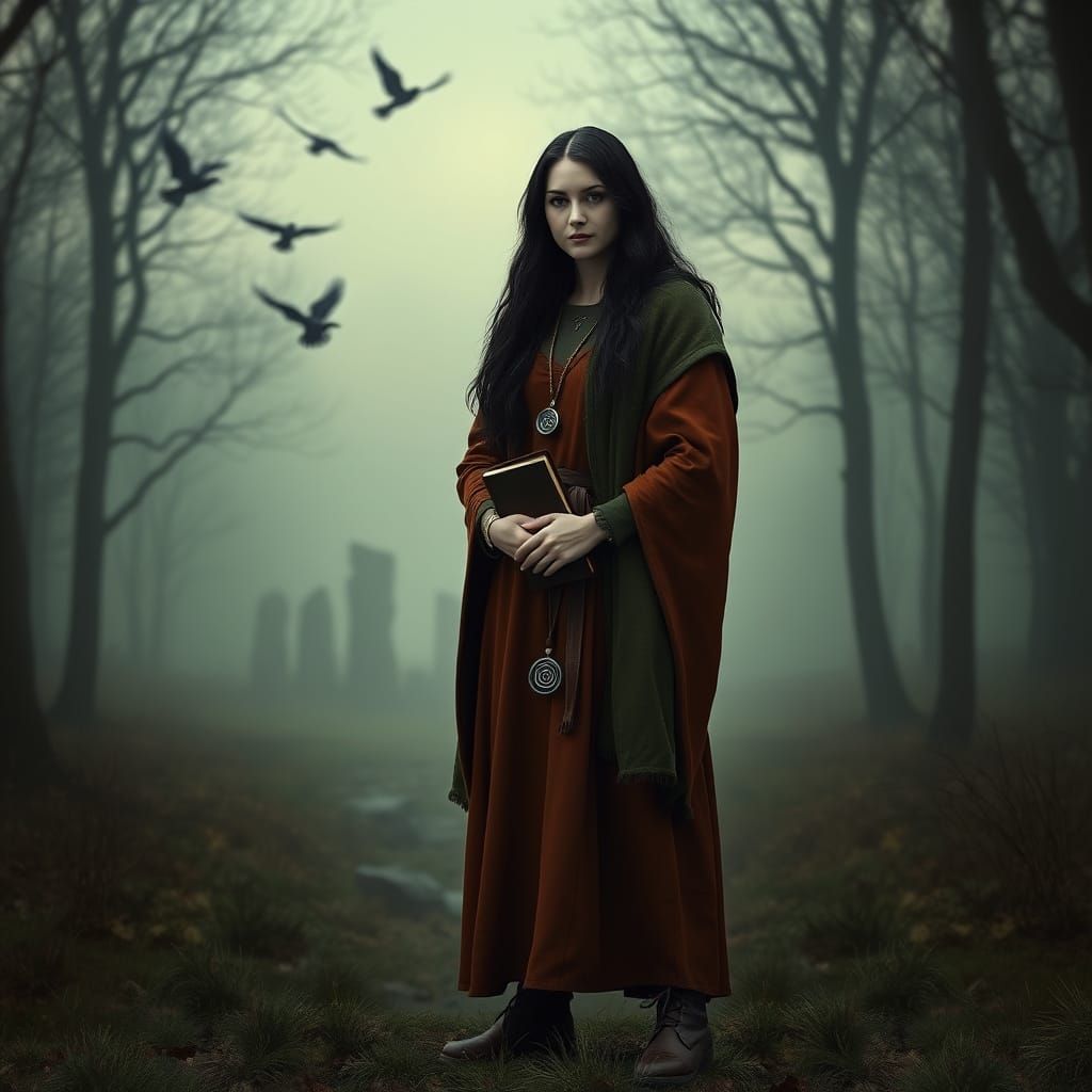 Celtic Woman in Twilight Woodland, Photorealistic Art