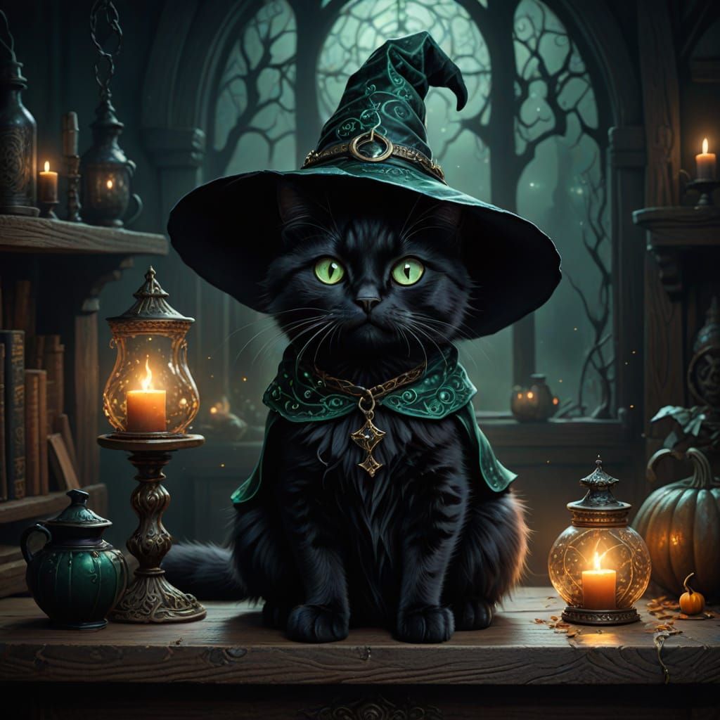 Enchanting Black Cat in Witch Costume Digital Painting