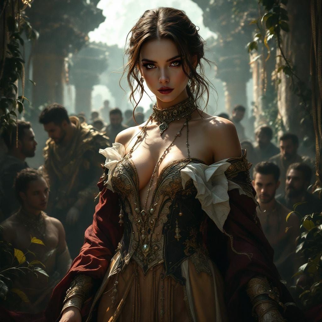 Mysterious Woman Exuding Confidence in a Fantastical Realm