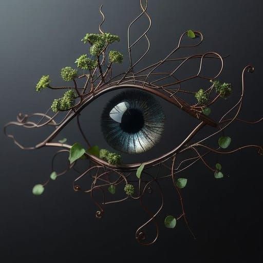 Surreal Wire Eye Sculpture with Verdant Growth