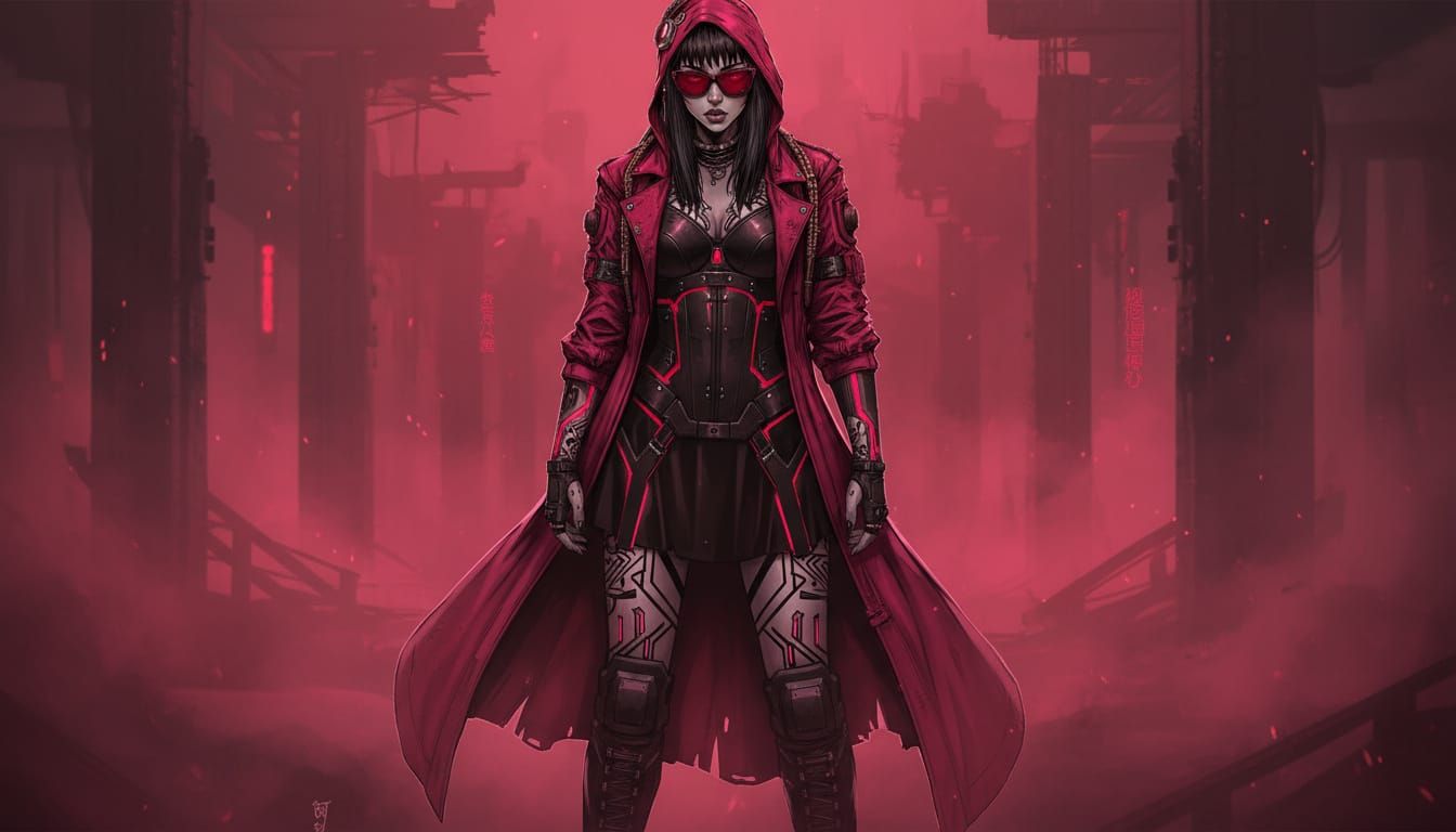 Cyberpunk Woman in Red Hooded Coat and Corset