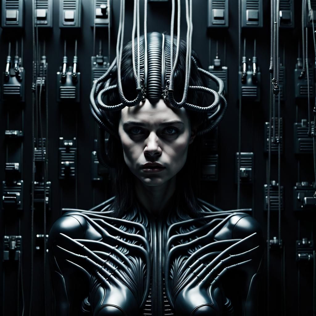 Dark Portrait in Giger Style with Alien Tech