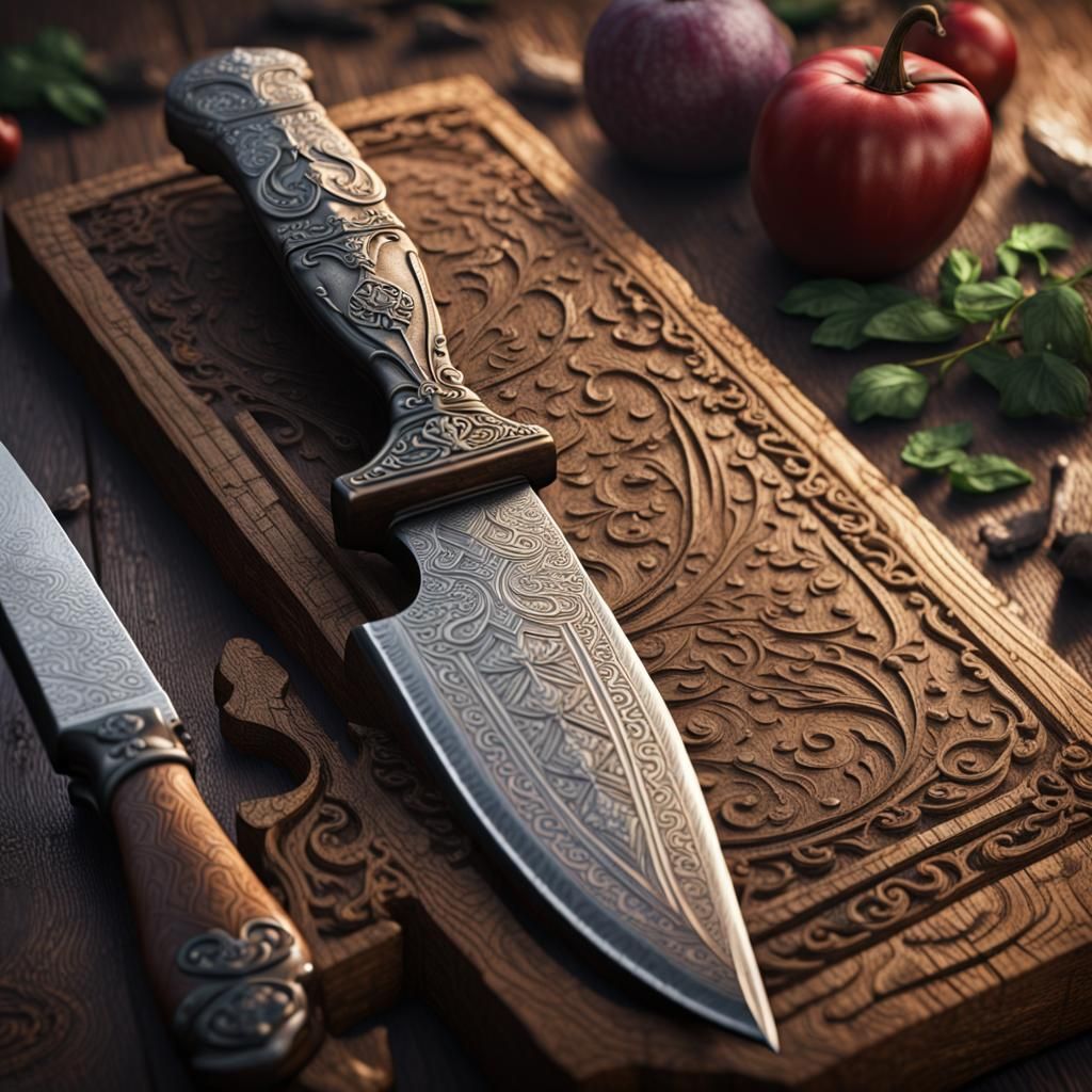 Ornate Medieval Knife on Distressed Wood, Detailed Matte Pai...