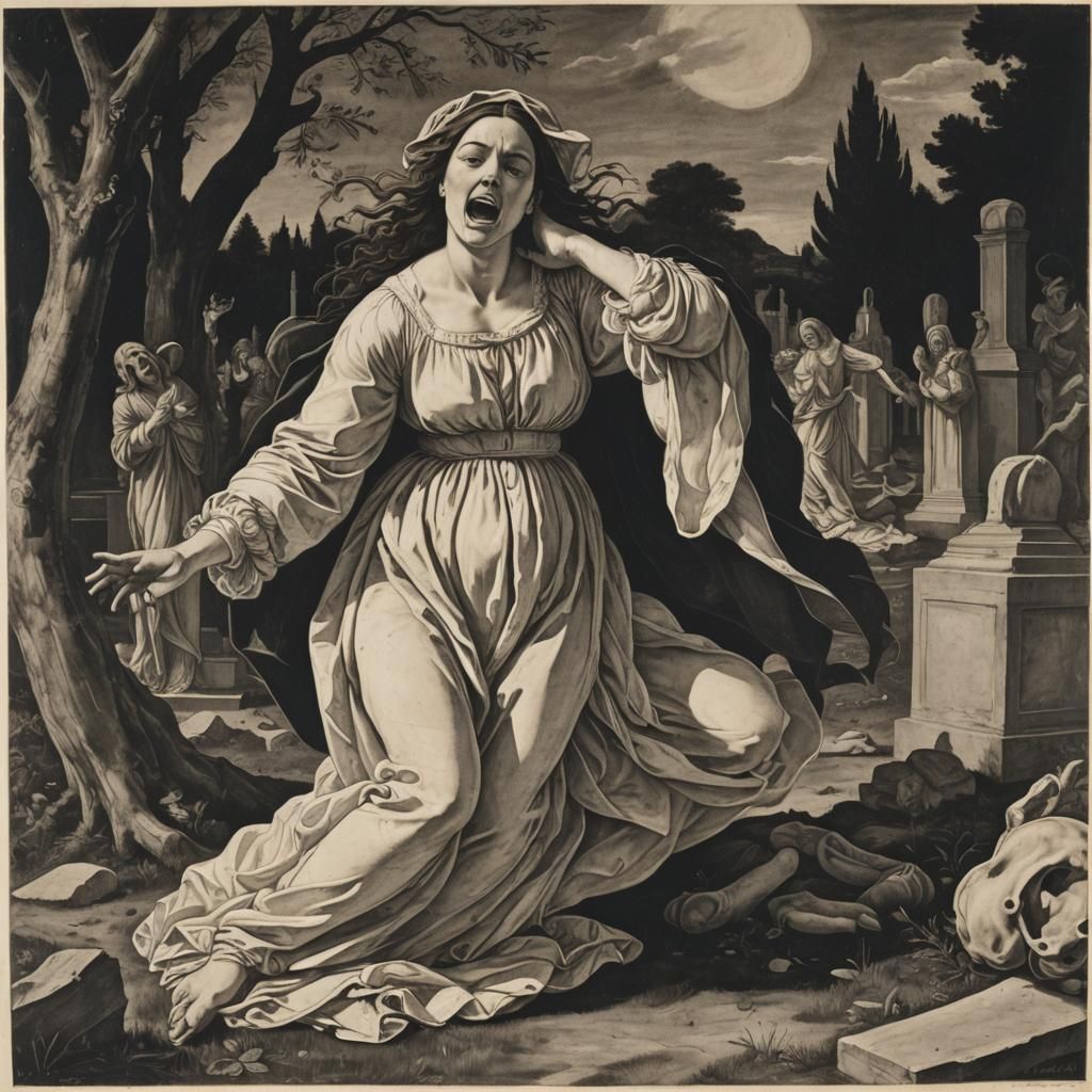 Ghost in Cemetery: Baroque and Renaissance Ink Print