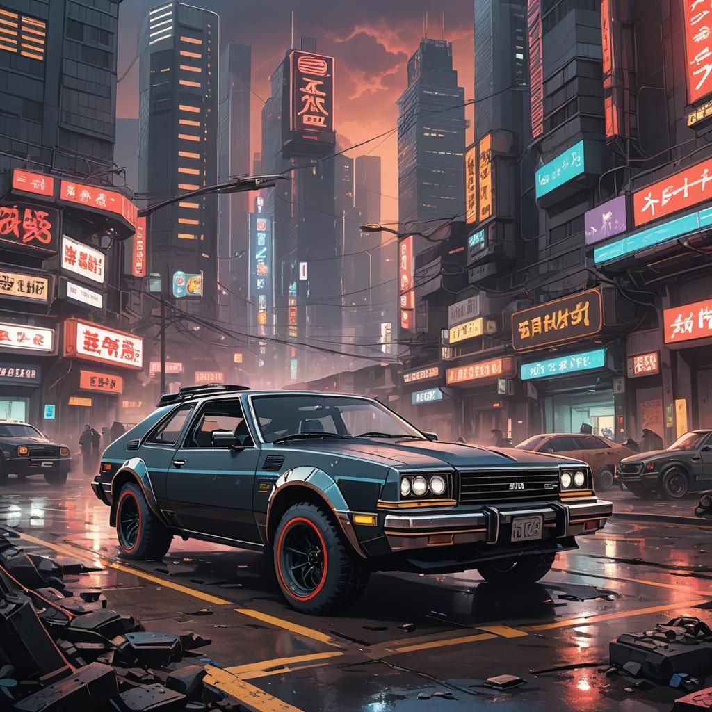 Retro-Futuristic AMC Eagle in Cyberpunk Anime Style