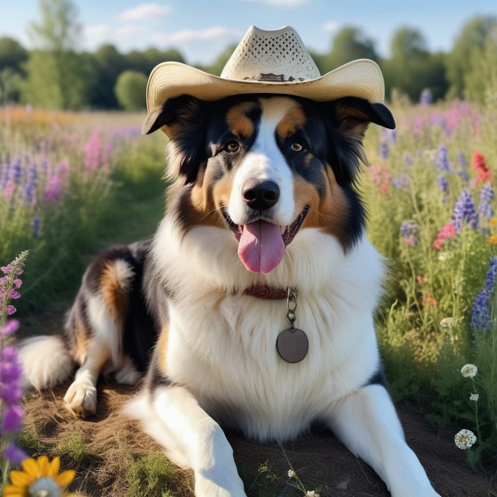 Whimsical Cowboy American Shepherd Portrait in a Vibrant Wil...