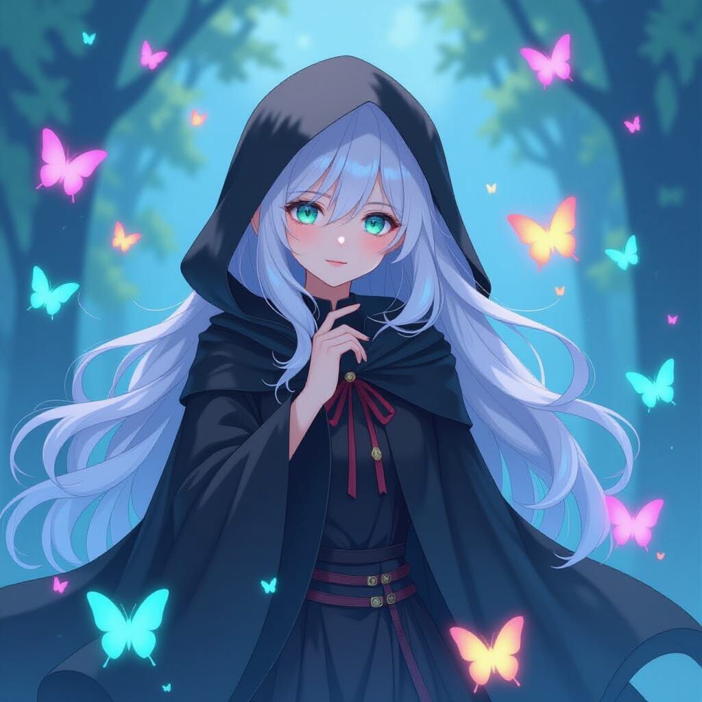 Anime Girl Surrounded by Glowing Butterflies
