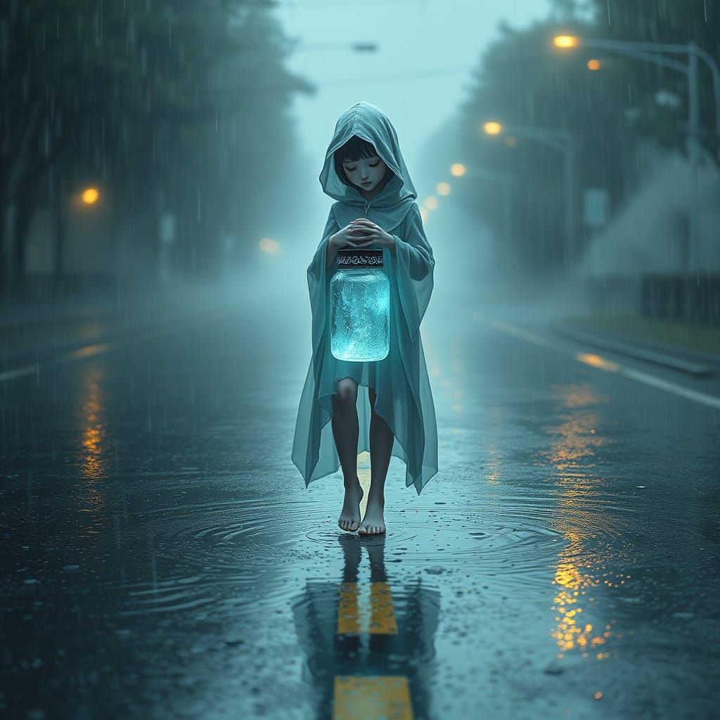 Ethereal Girl Spirit in Rainy Road Scene in Surreal Art Styl...