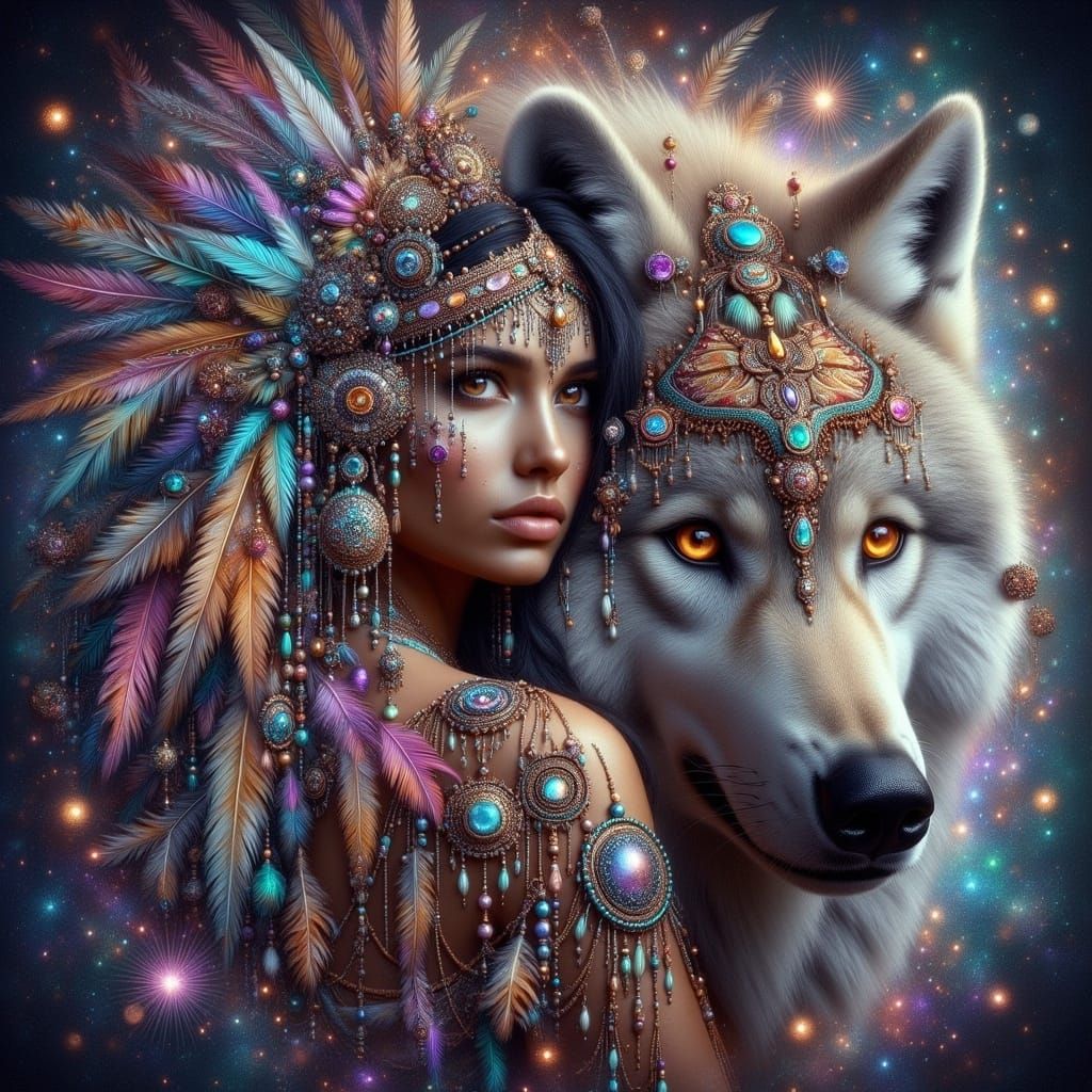 Majestic Wolf Goddess in Vibrant, Ethereal Attire