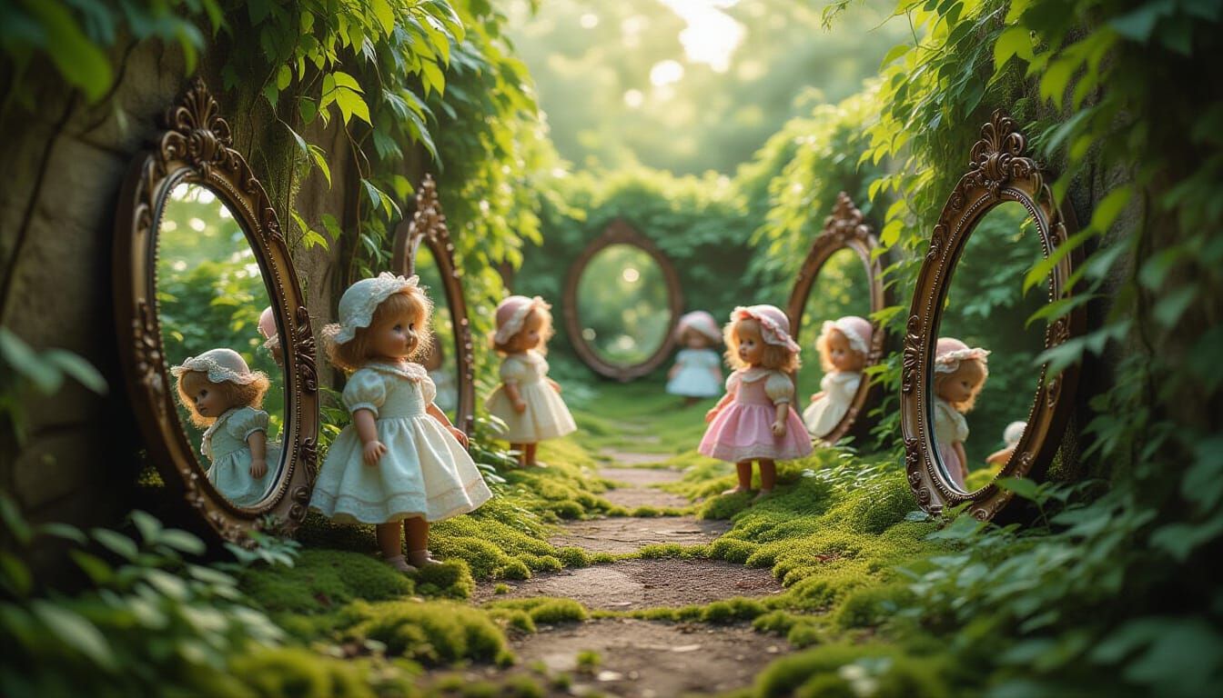 Eerie Garden of Strange Mirrors and Dolls