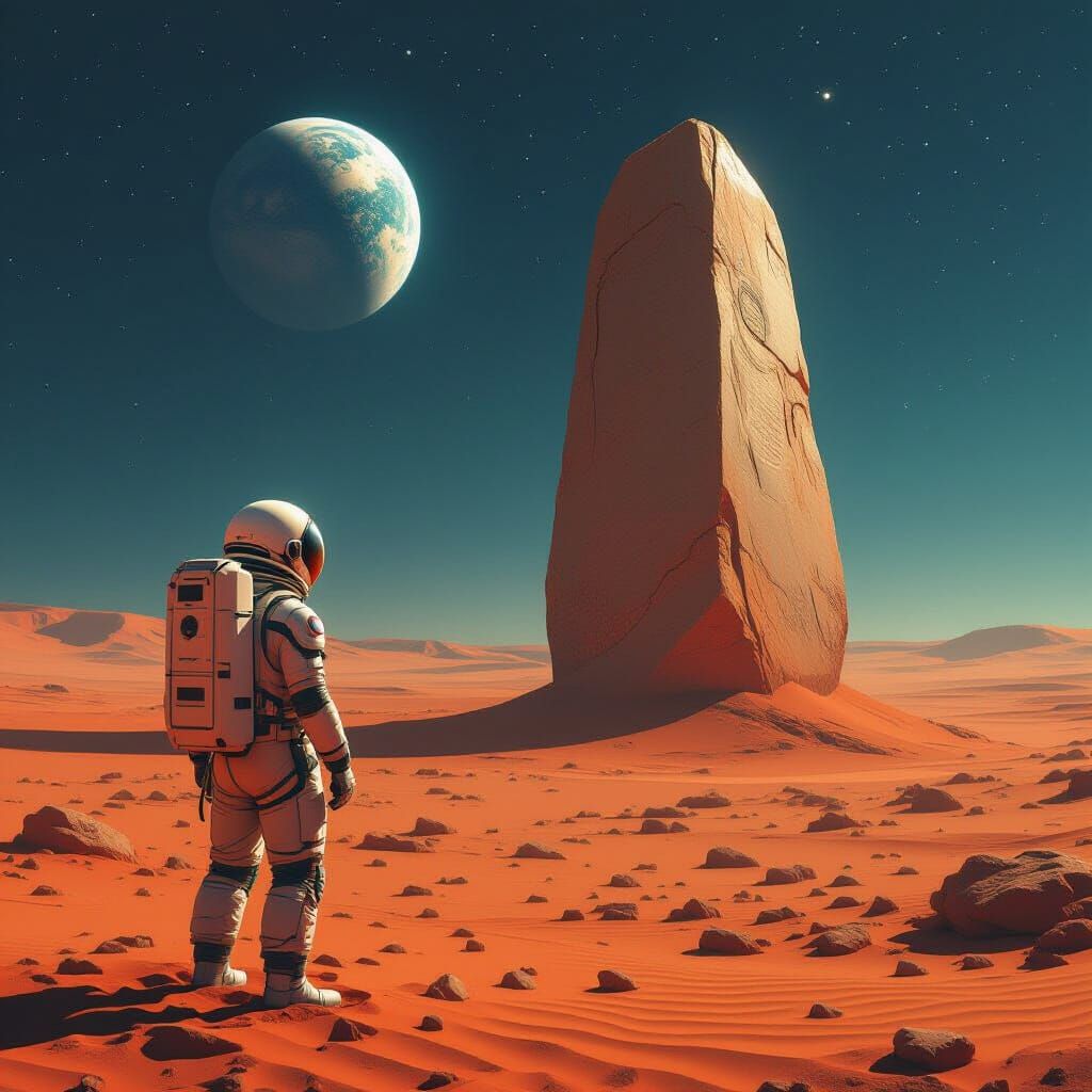 Astronaut on Mars Views Alien Monolith Under Starry Sky
