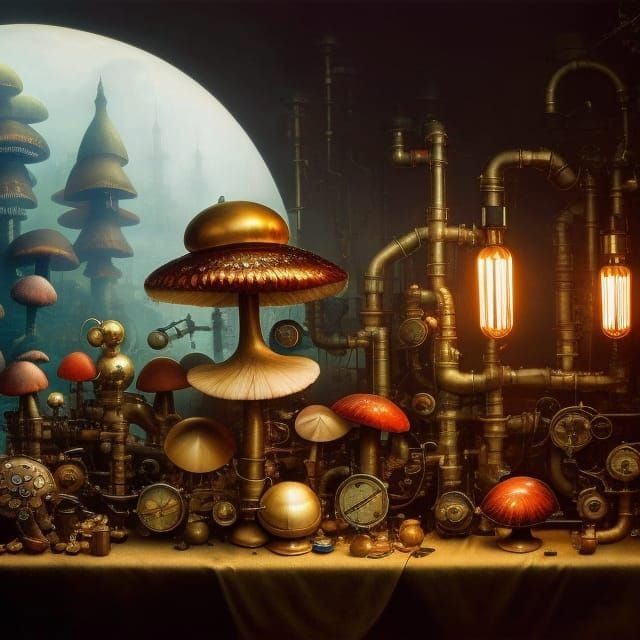 Steampunk Mushroom Machine Still Life in Studio Ghibli Style
