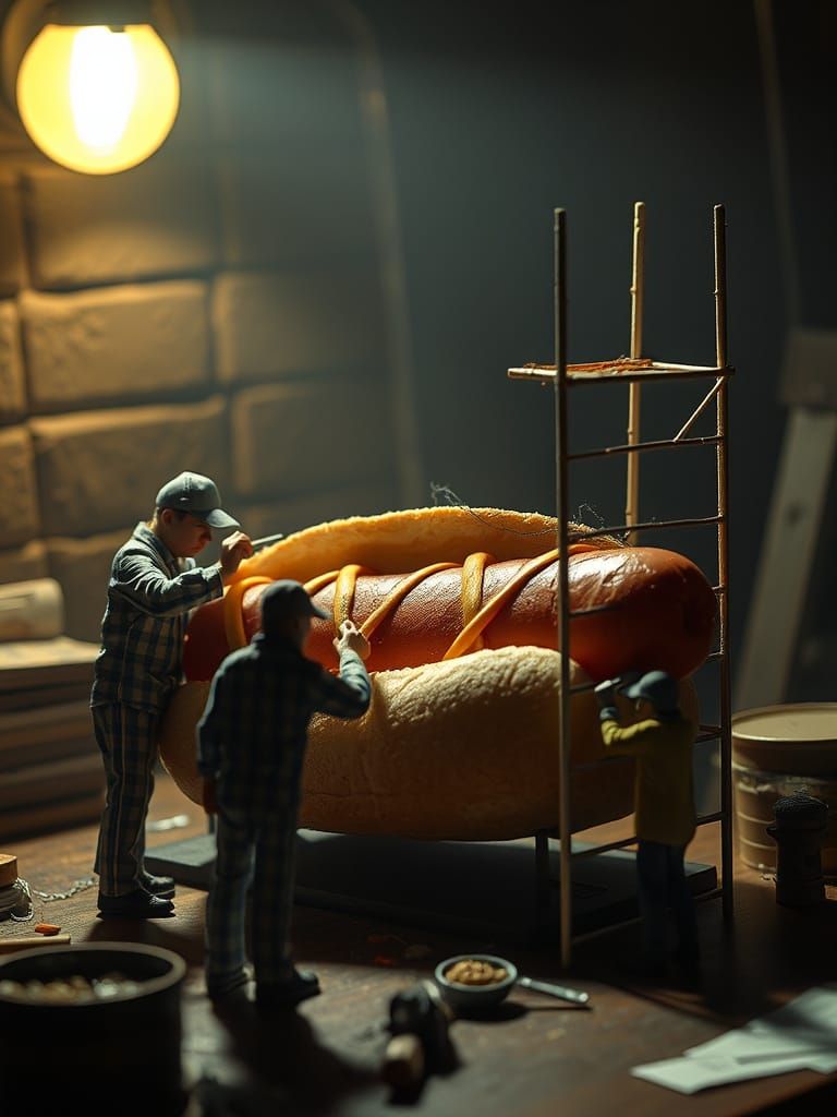 Miniature Hot Dog Repair Workers in Moody Noir Style
