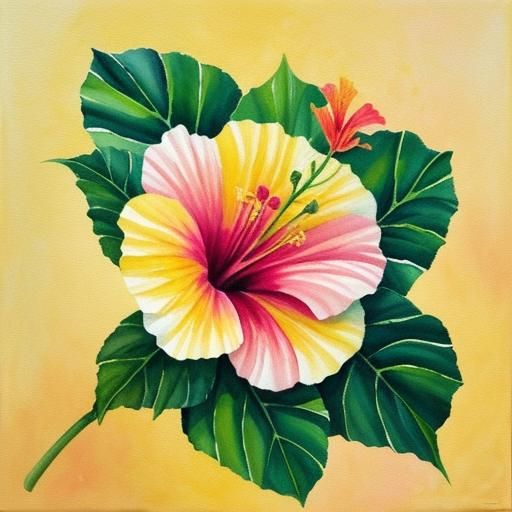 Watercolor hibiscus flower, with impasto, oil painting, real...