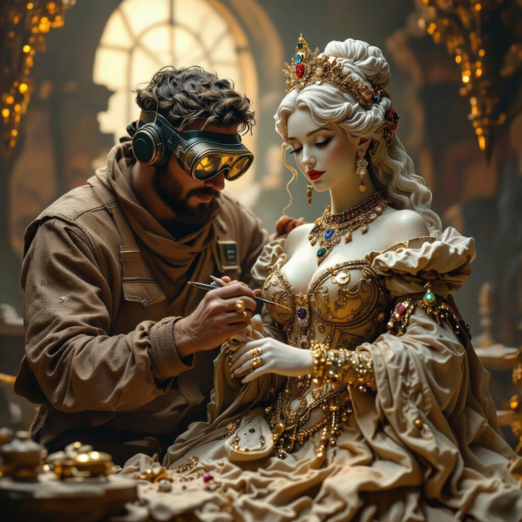 Sculptor Carving Baroque Statue in Mystical Studio