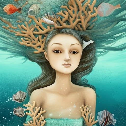 Driftwood Woman Underwater in Rococo Art Style