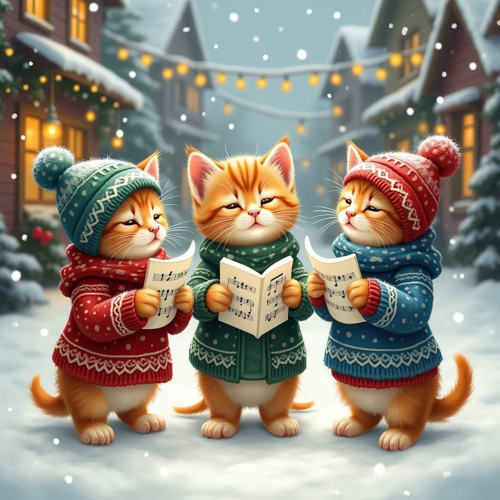 Cozy Kittens Sing Christmas Carols in Snowy Winter Wonderlan...