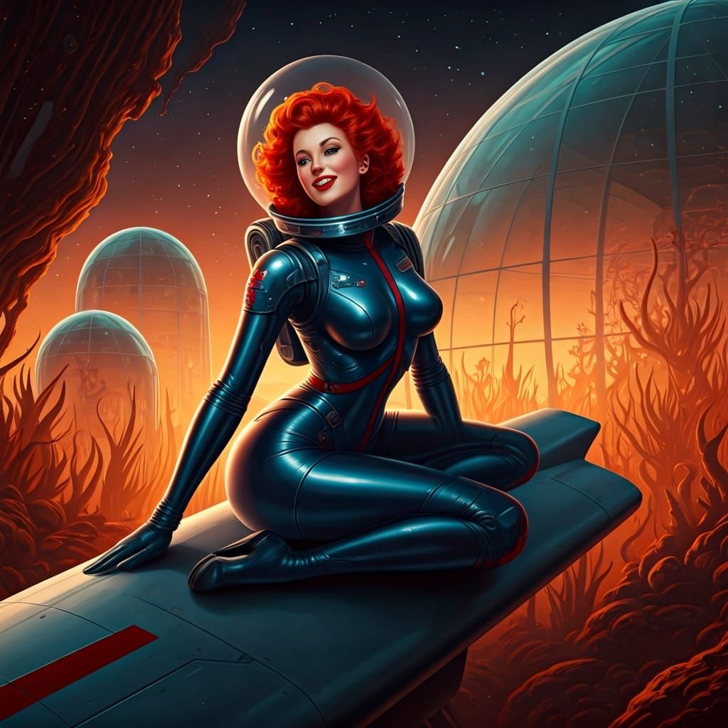 Retro-Futuristic Pinup Girl on Mars in Sci-Fi Style