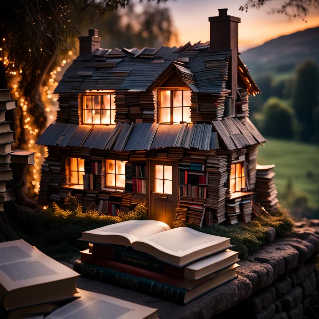 Tharched cottage made from books with dramatic glow, hyper resolution, stunning scenery