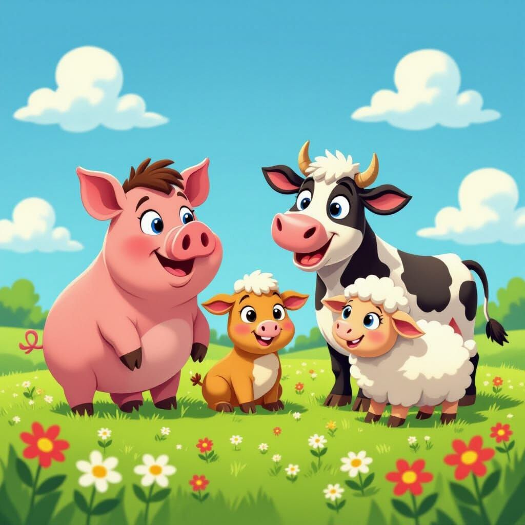 Cheerful Farm Animals in Classic 2D Animation Style