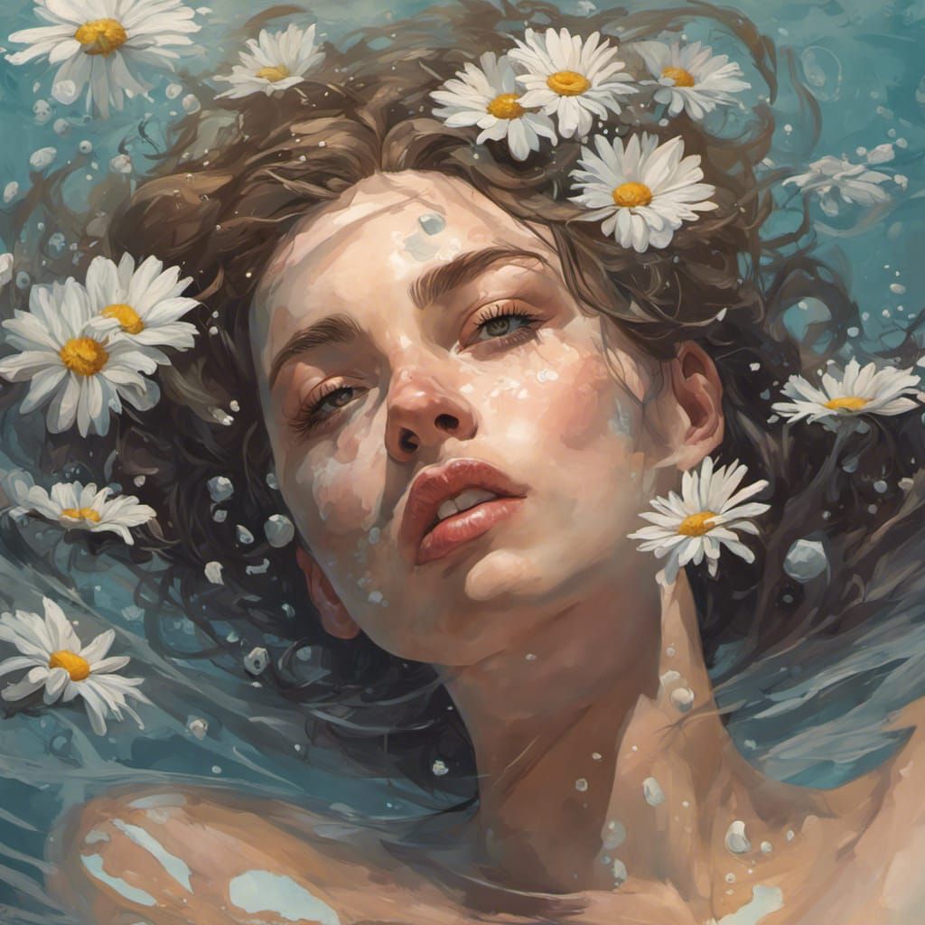Girl in Daisy Bath, Hyperdetailed Portrait