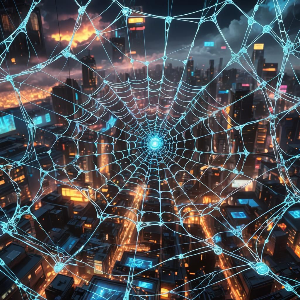 Cyberpunk Spiderweb Connecting Clouds to Computer in Anime S...