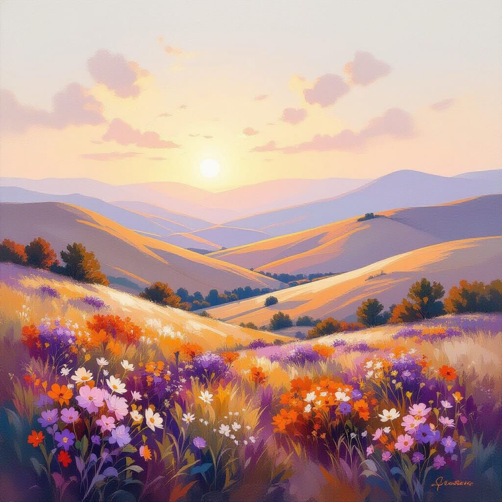 Serene Landscape Painting with Blooming Flora in White, Oran...