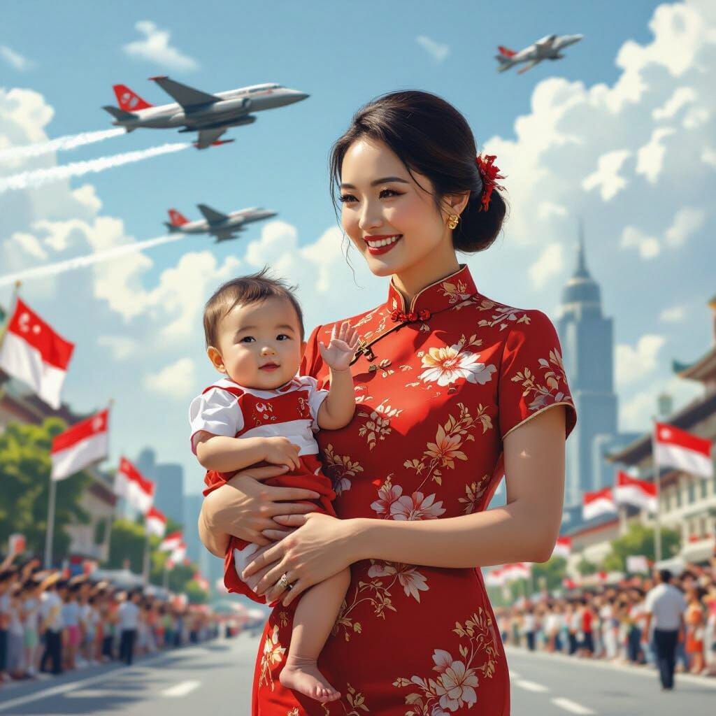 Singapore National Day Parade: Mother and Baby Celebrate