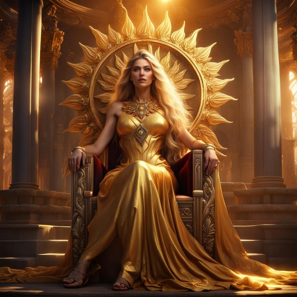 Golden Sun Goddess on Sun Throne: Fantasy Art
