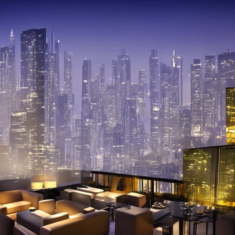 Futuristic Hotel with Crystal Midnight City View